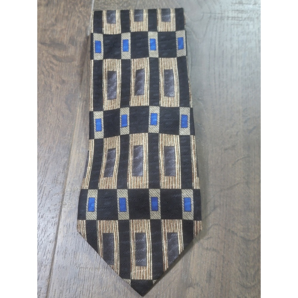 John Clarendon Mens Geometric Silk Blend Tie Black Tan Blue Made in USA Wide